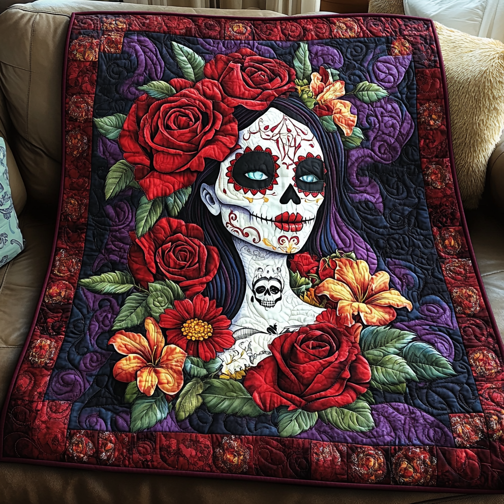 Bright Skull Blooms Quilted Blanket - Throw (55" x 60")