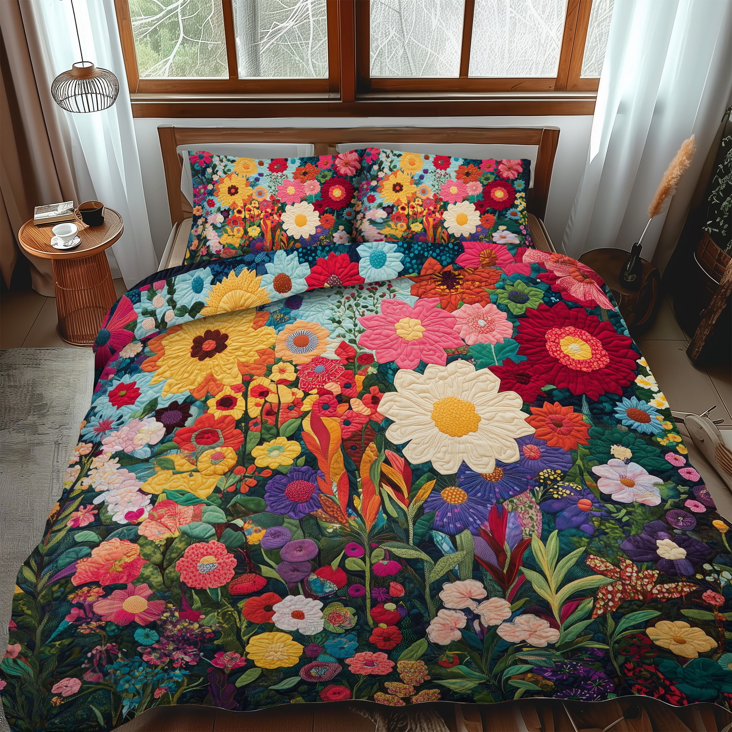 Brilliant Flowers 3-Piece Quilted Bedding Set - Single (59" x 70")