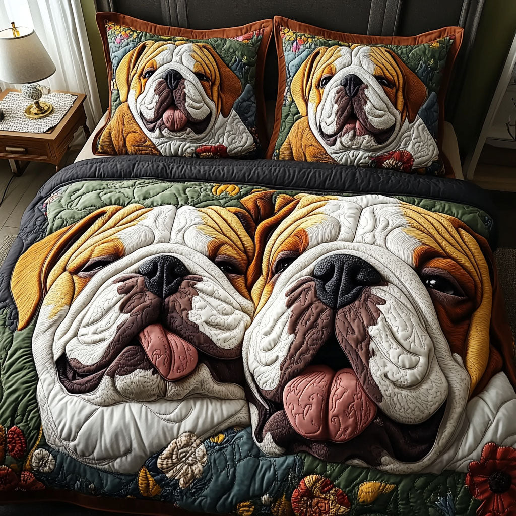 Bulldog Family Love 3-Piece Quilted Bedding Set - Single (59" x 70")