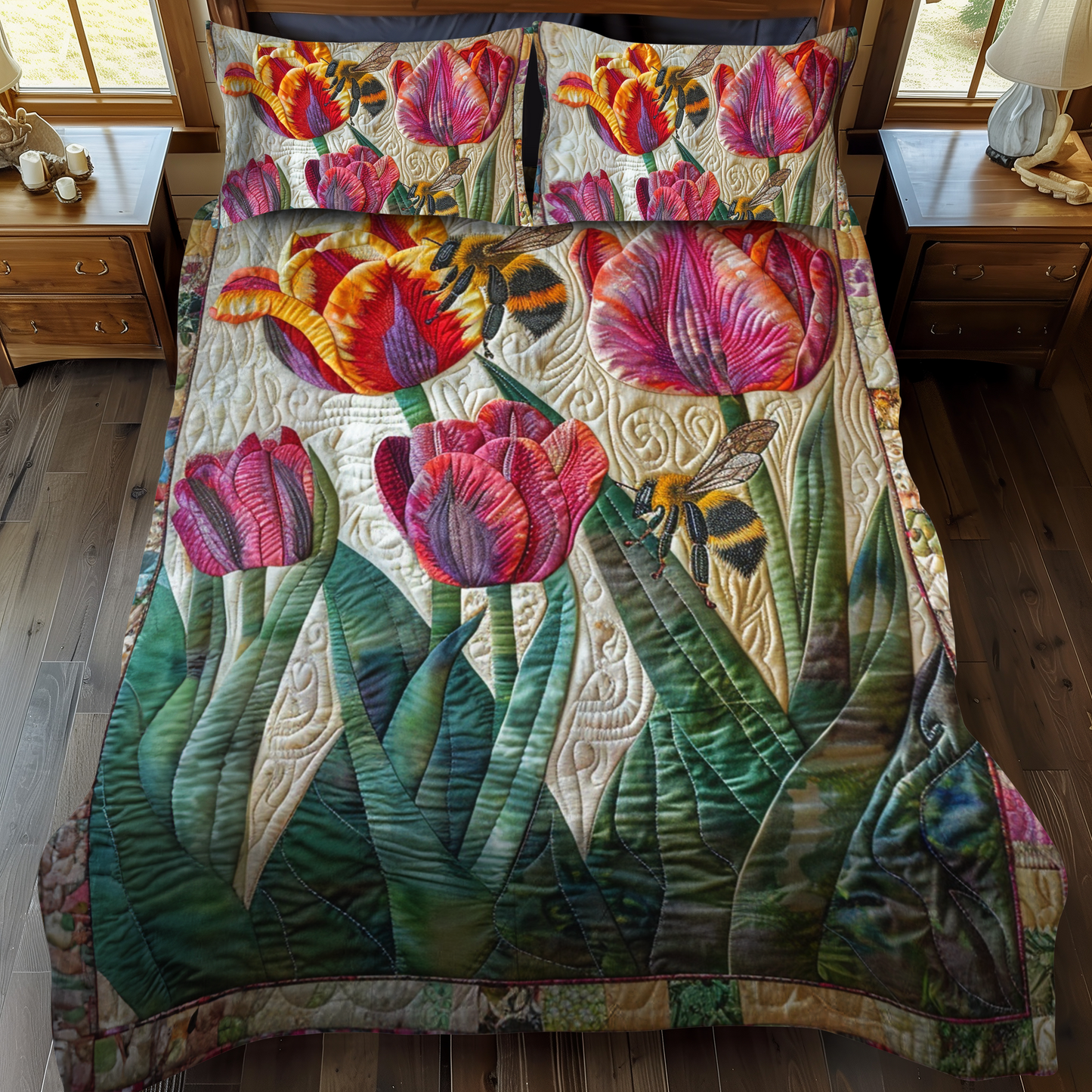 Buzzing Beauty Floral 3-Piece Quilted Bedding Set - Single (59" x 70")