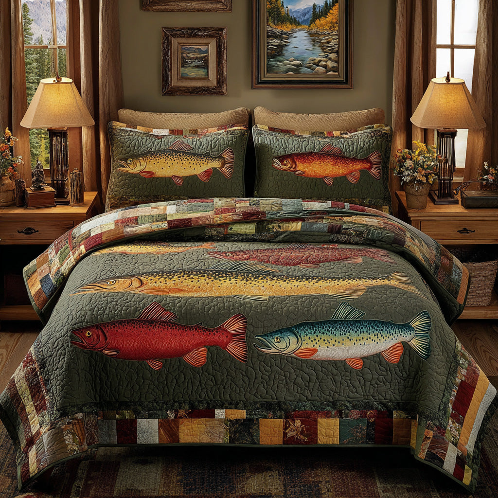 Cabin Walleye 3-Piece Quilted Bedding Set - Single (59" x 70")