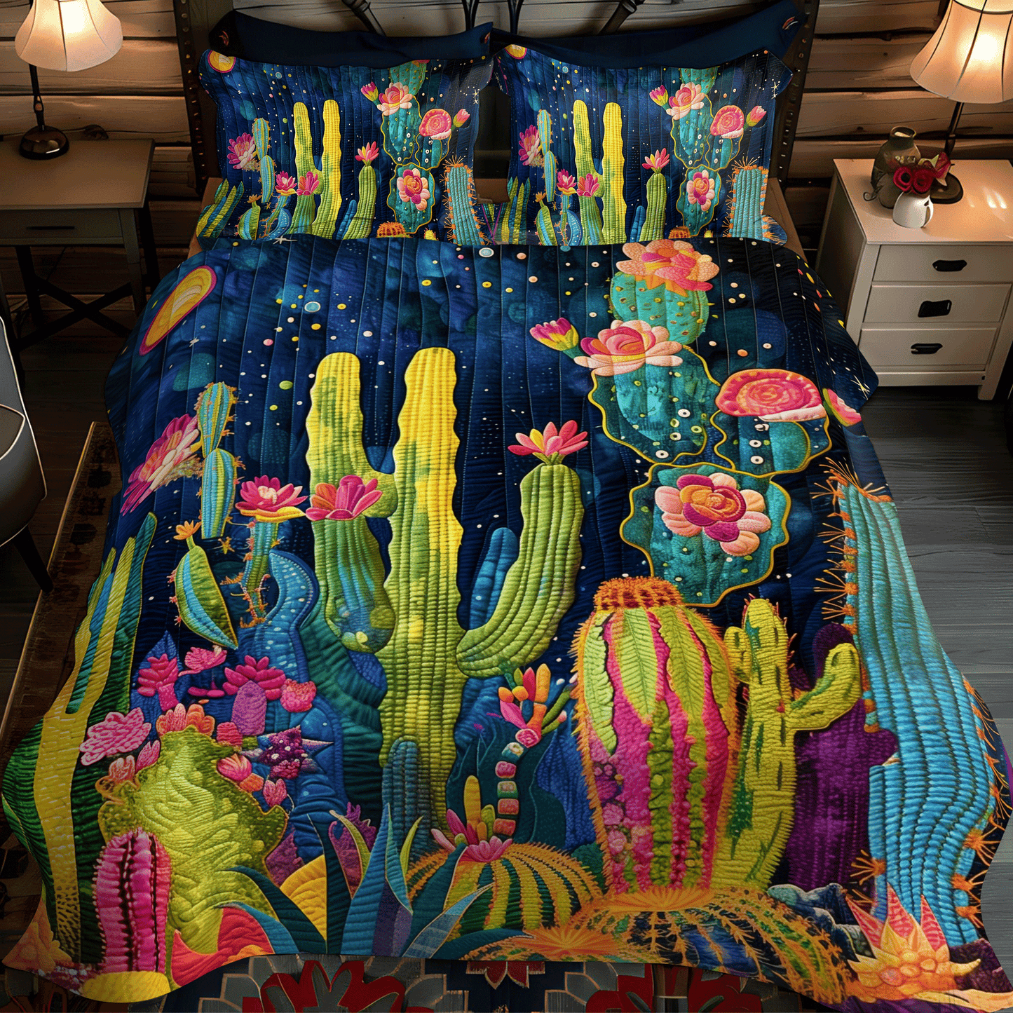 Cacti Night 3-Piece Quilted Bedding Set - Single (59" x 70")