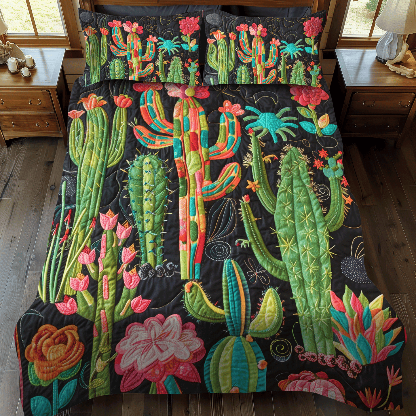 Cactus Desert Blossom 3-Piece Quilted Bedding Set - Single (59" x 70")