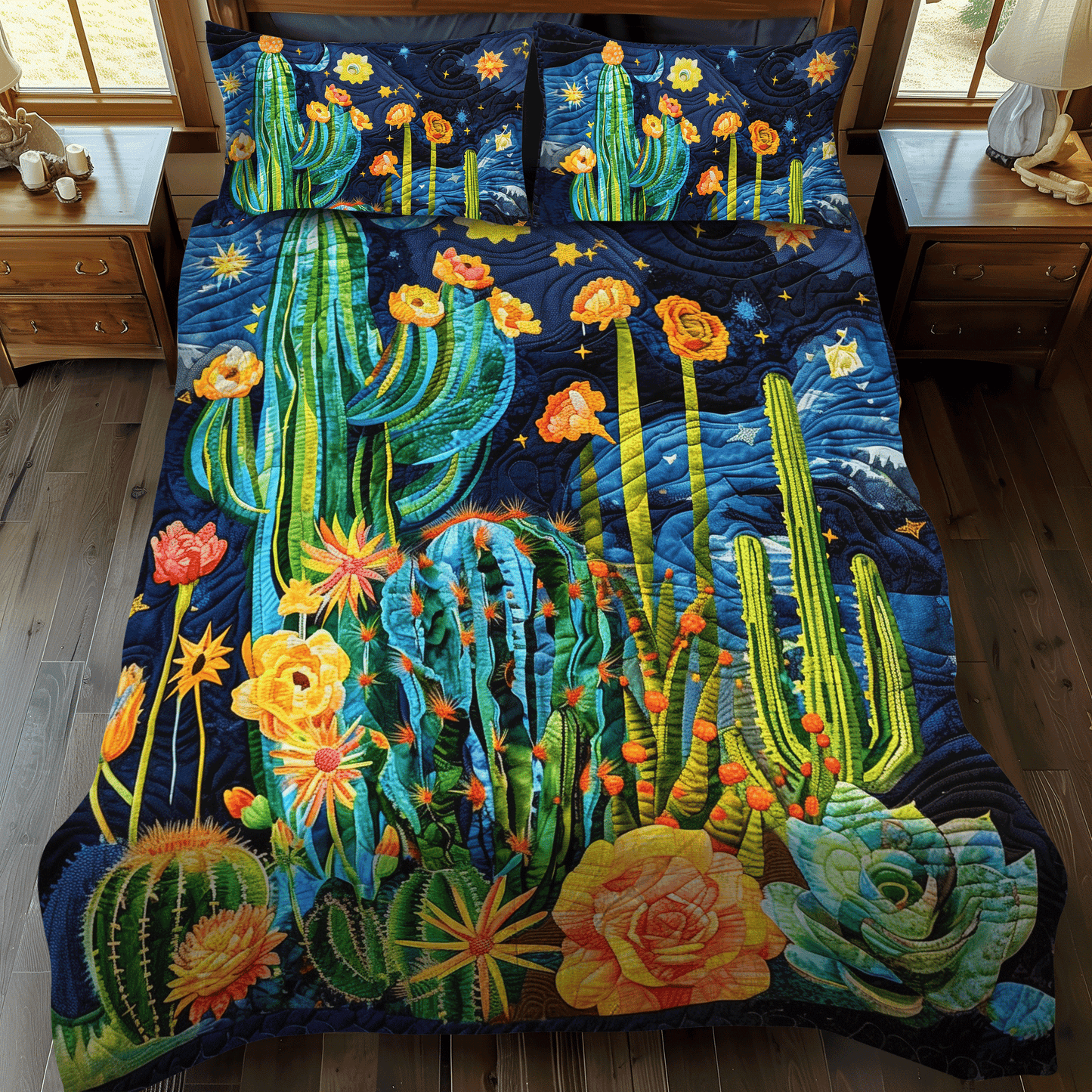 Cactus Night Sky 3-Piece Quilted Bedding Set - Single (59" x 70")