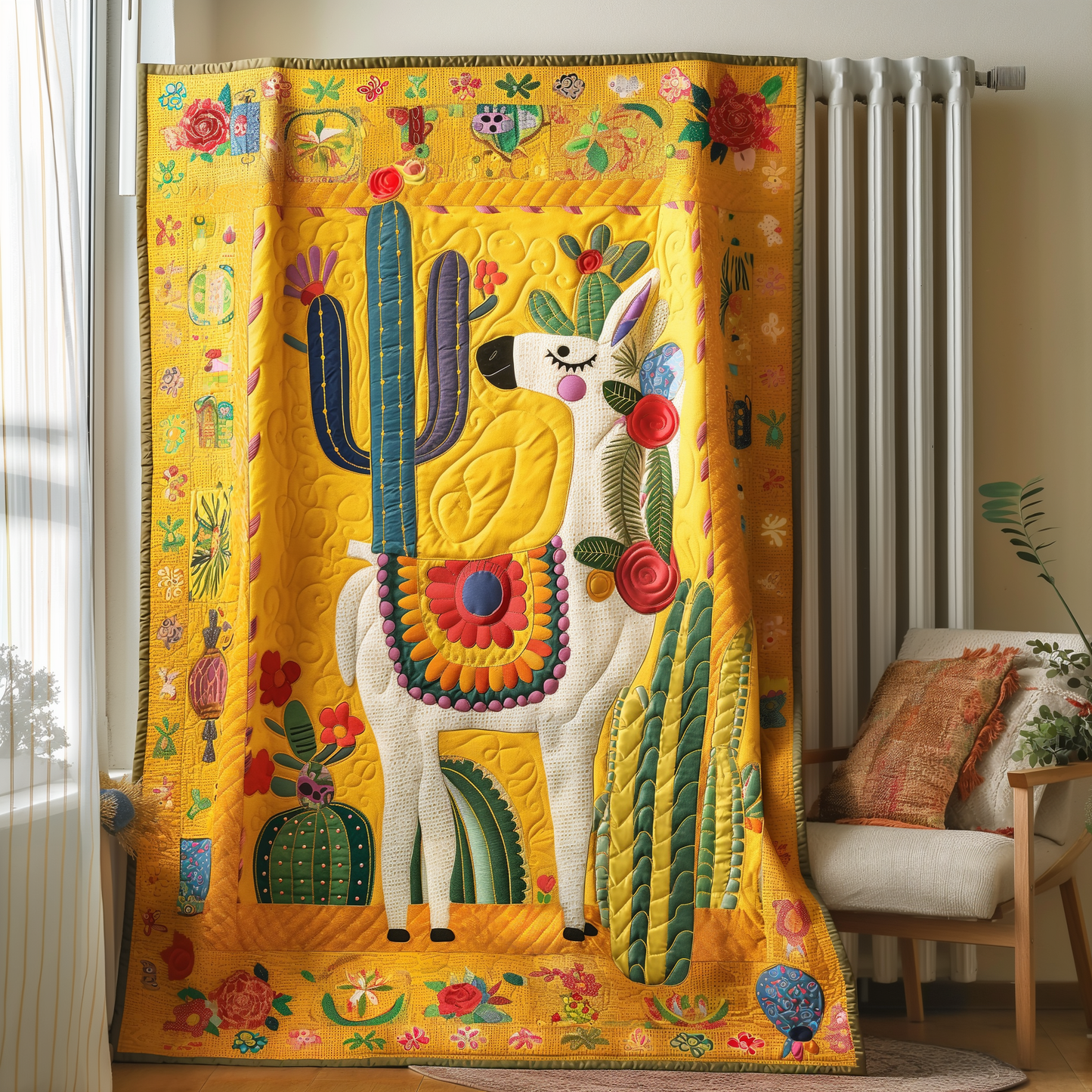 Cactus Paradise With Llamas Quilted Blanket - Throw (55" x 60")