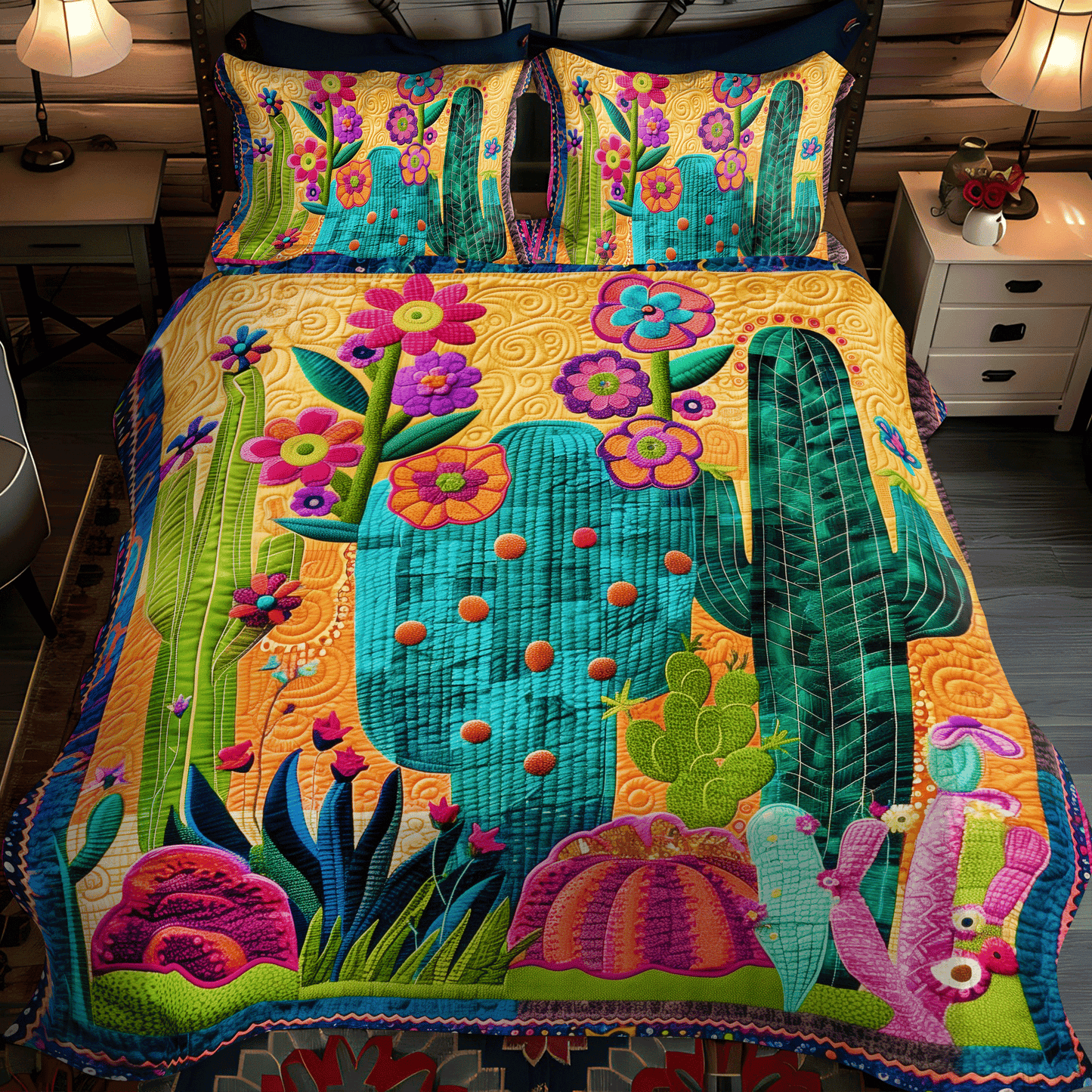 Cactus Sunrise Symphony 3-Piece Quilted Bedding Set - Single (59" x 70")