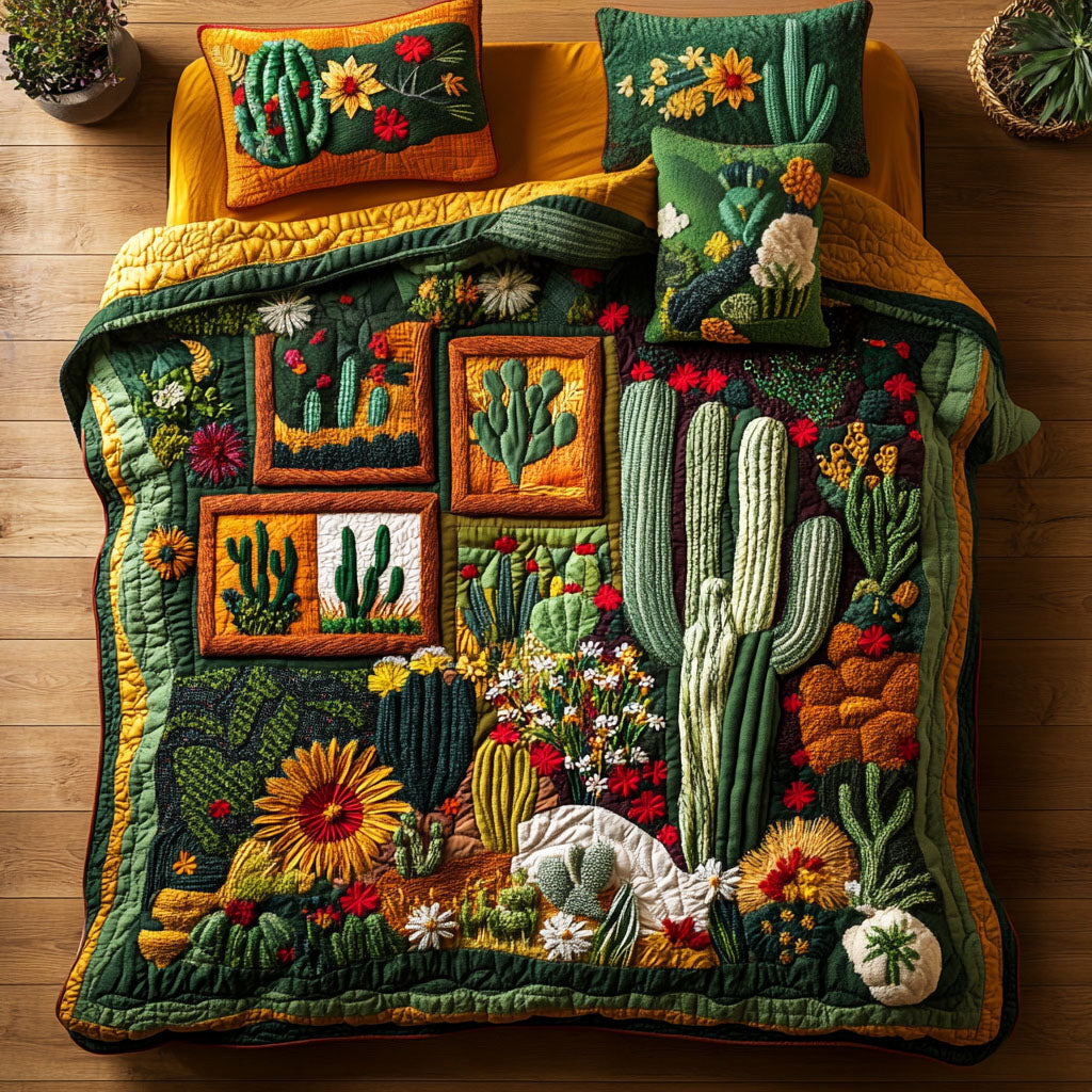 Cactus Charm Haven 3-Piece Quilted Bedding Set - Single (59" x 70")