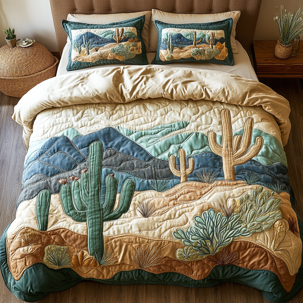 Cactus Serenity 3-Piece Quilted Bedding Set - Single (59" x 70")