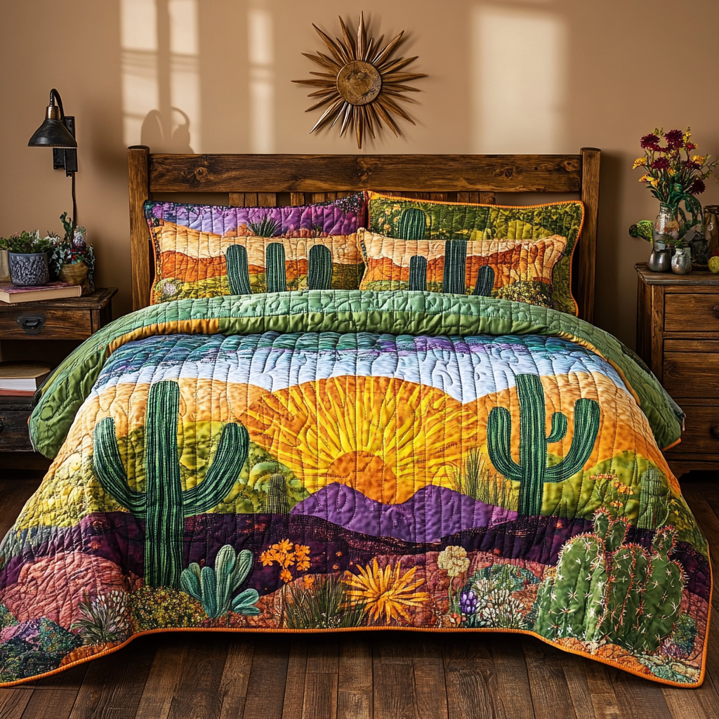 Cactus Sunrise 3-Piece Quilted Bedding Set - Single (59" x 70")