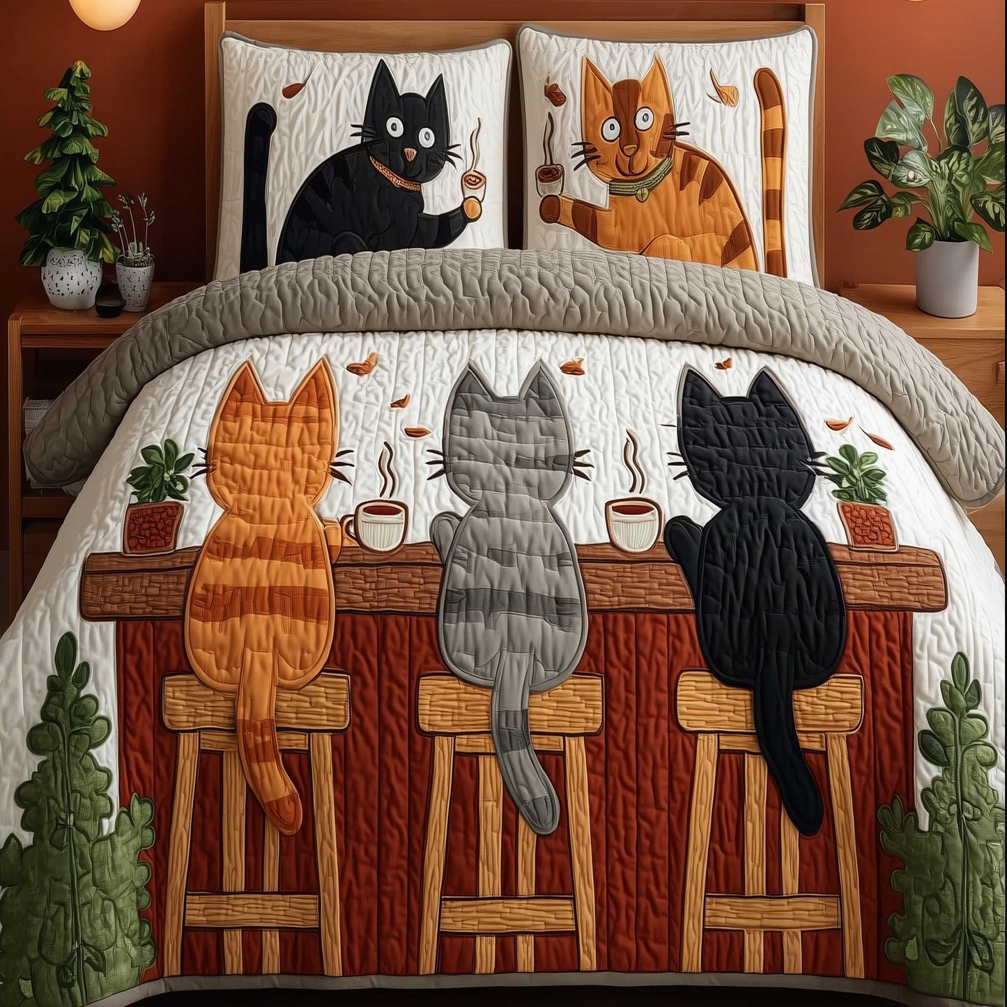 Cafe Cats Night Out 3-Piece Quilted Bedding Set - Single (59" x 70")