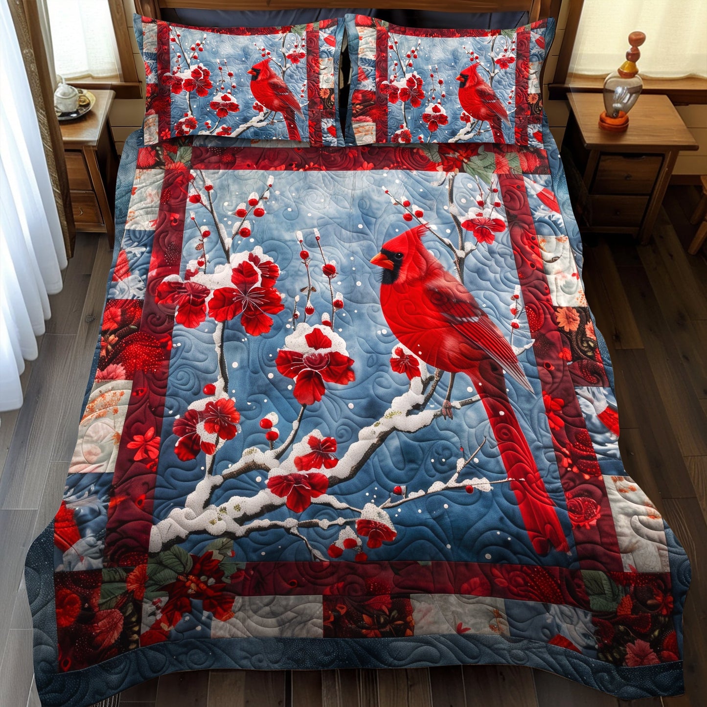 Cardinal In Snow 3-Piece Quilted Bedding Set - Single (59" x 70")