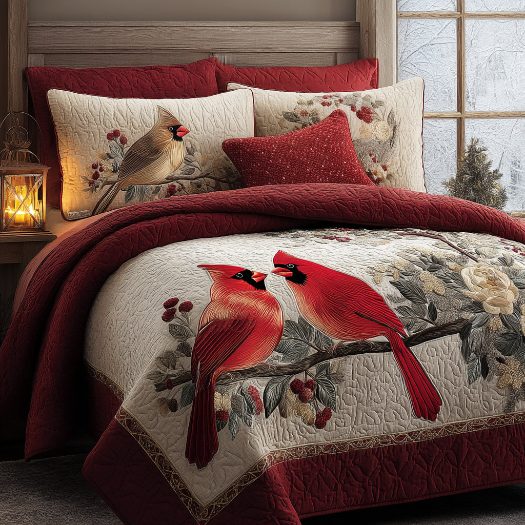 Cardinal Blooms 3-Piece Quilted Bedding Set - Single (59" x 70")