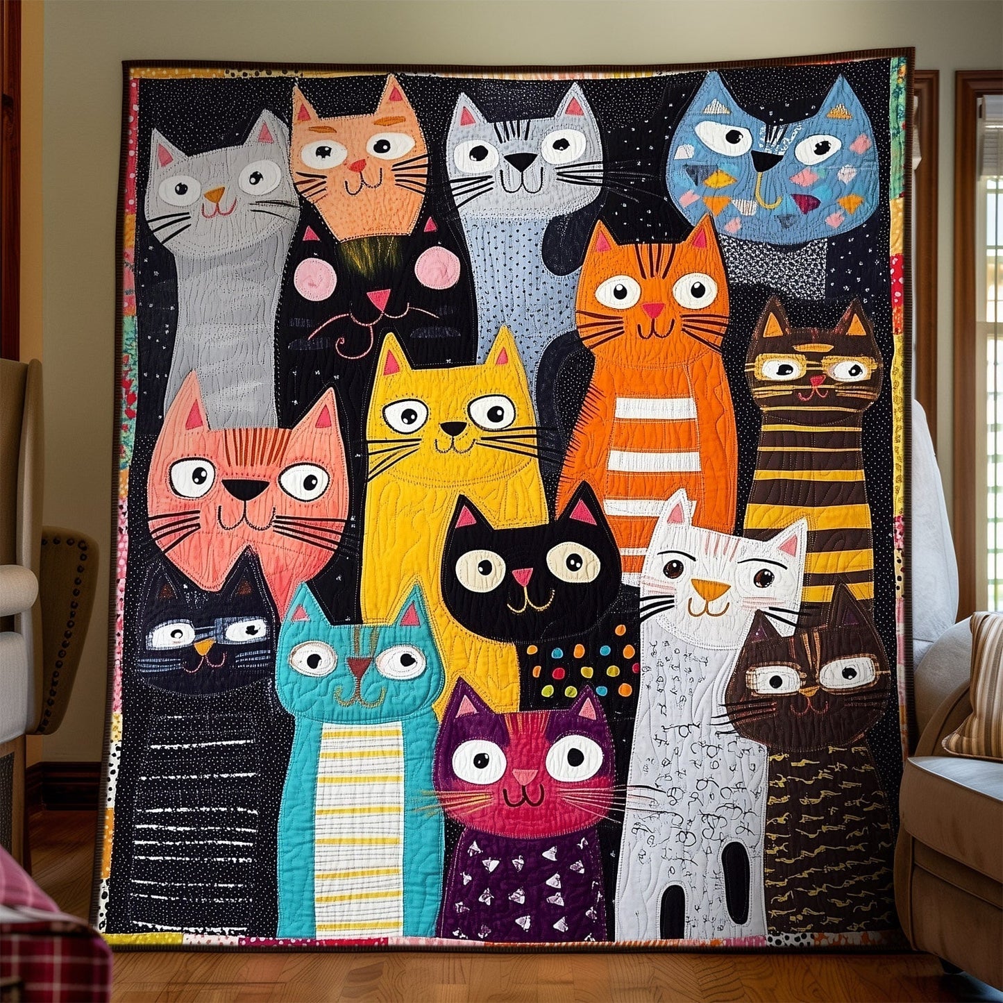Cat Crazy Patchwork Quilted Blanket - Throw (55" x 60")