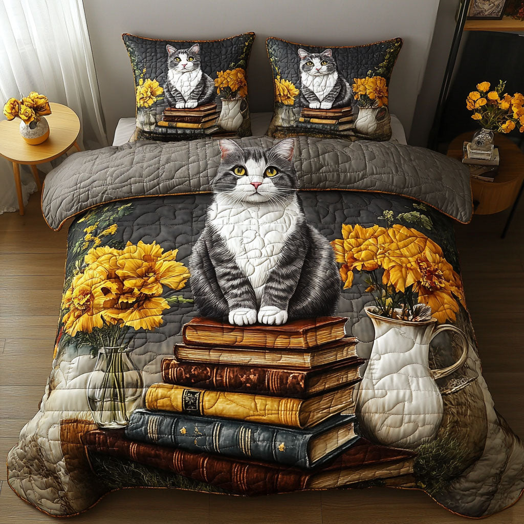 Cat Library 3-Piece Quilted Bedding Set - Single (59" x 70")