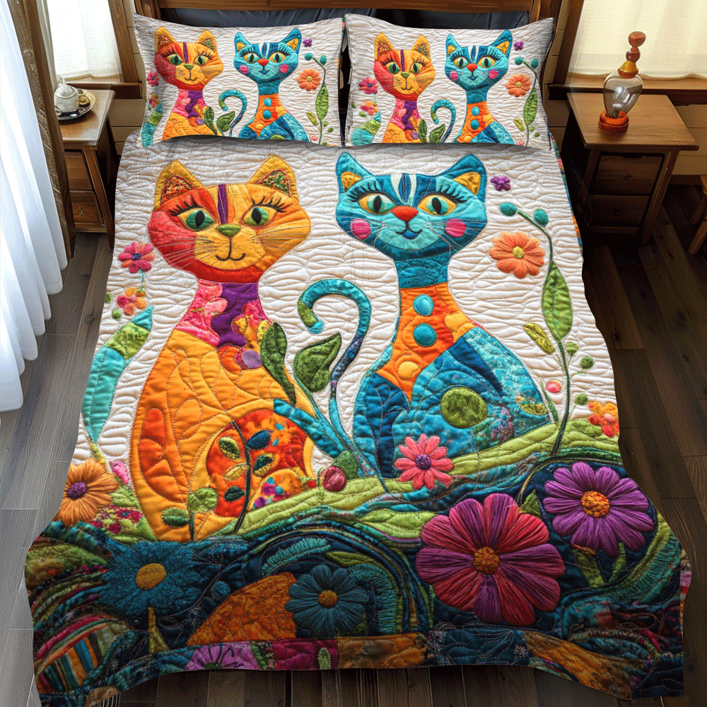 Cat Parade 3-Piece Quilted Bedding Set - Single (59" x 70")