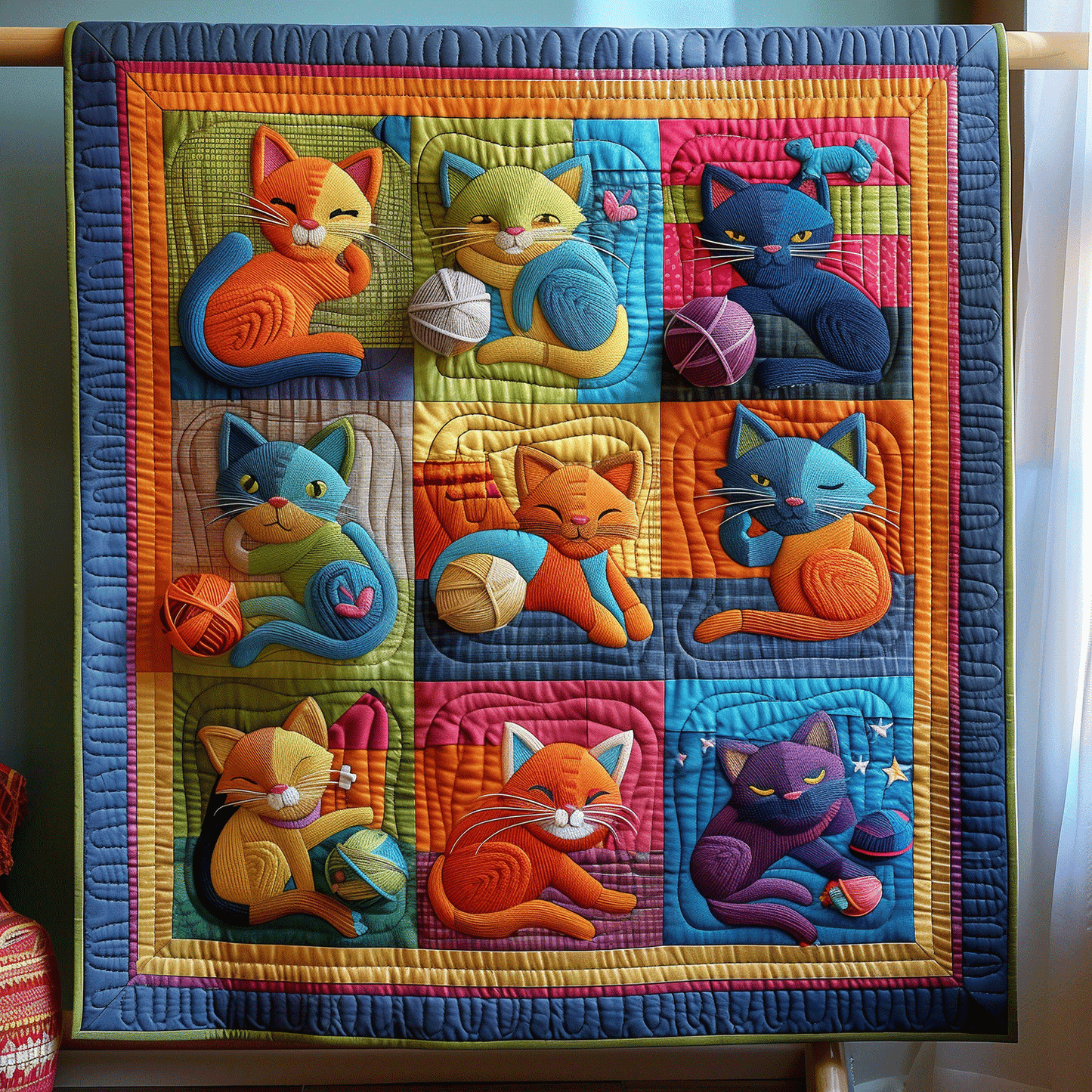 Cat Yarn Fiesta Quilted Blanket - Throw (55" x 60")