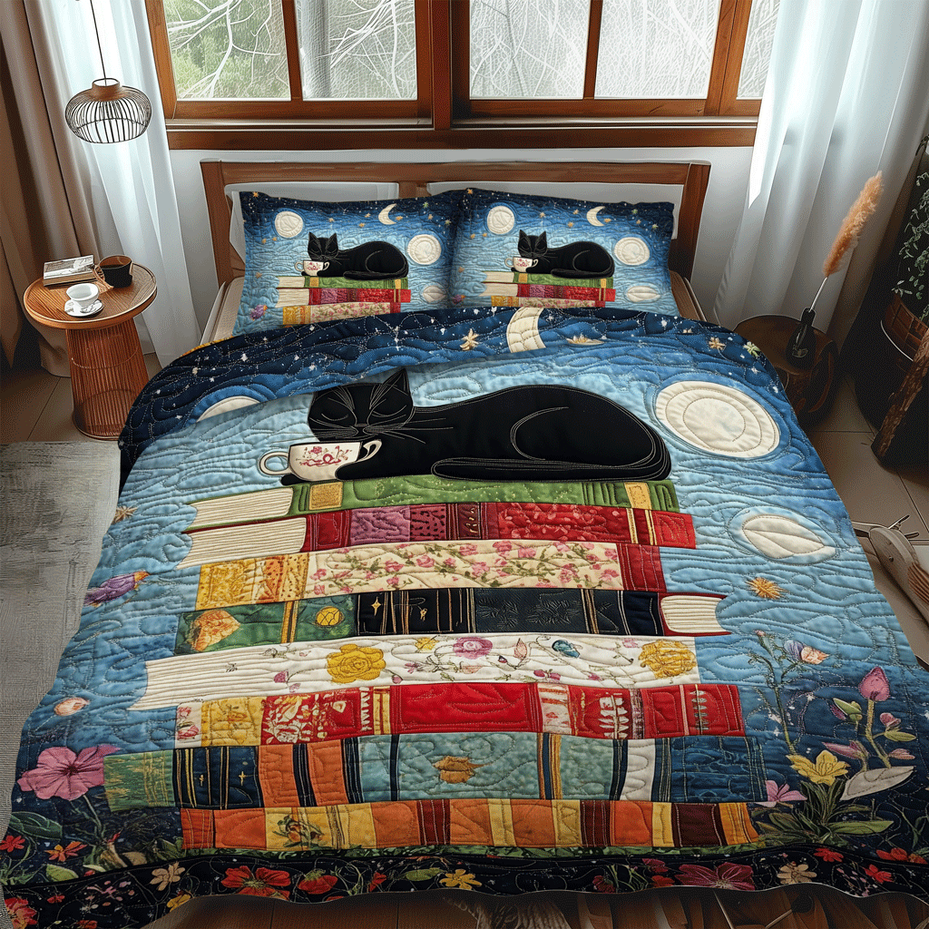 Catnap On Books 3-Piece Quilted Bedding Set - Single (59" x 70")