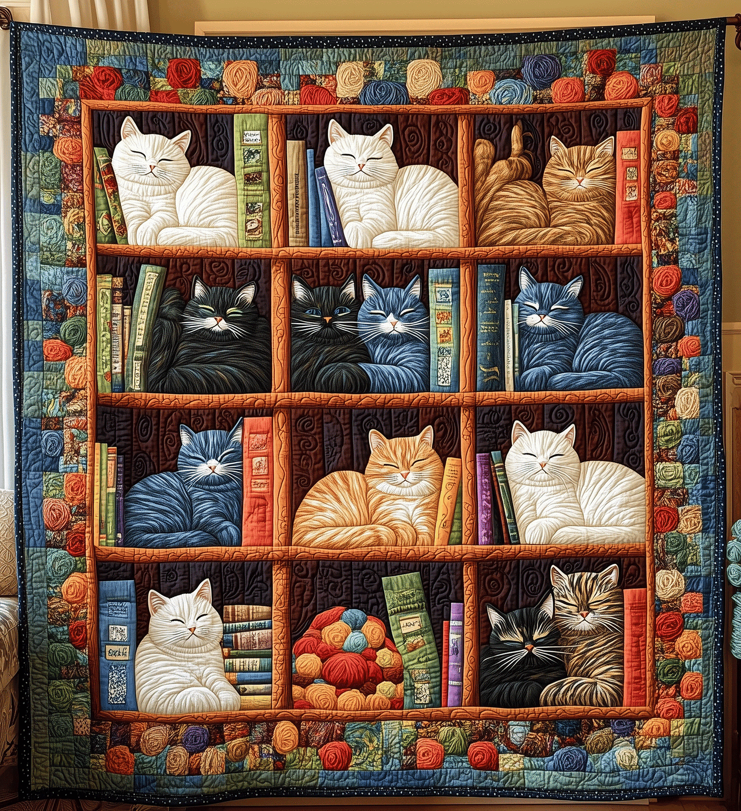 Catnap On Books Quilted Blanket - Throw (55" x 60")