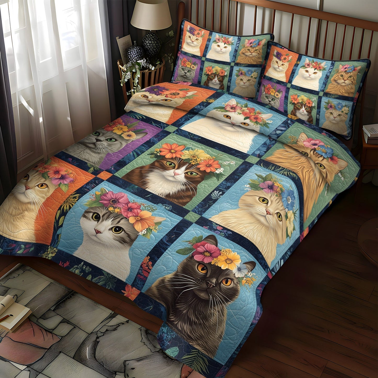 Cats in Bloom 3-Piece Quilted Bedding Set - Single (59" x 70")