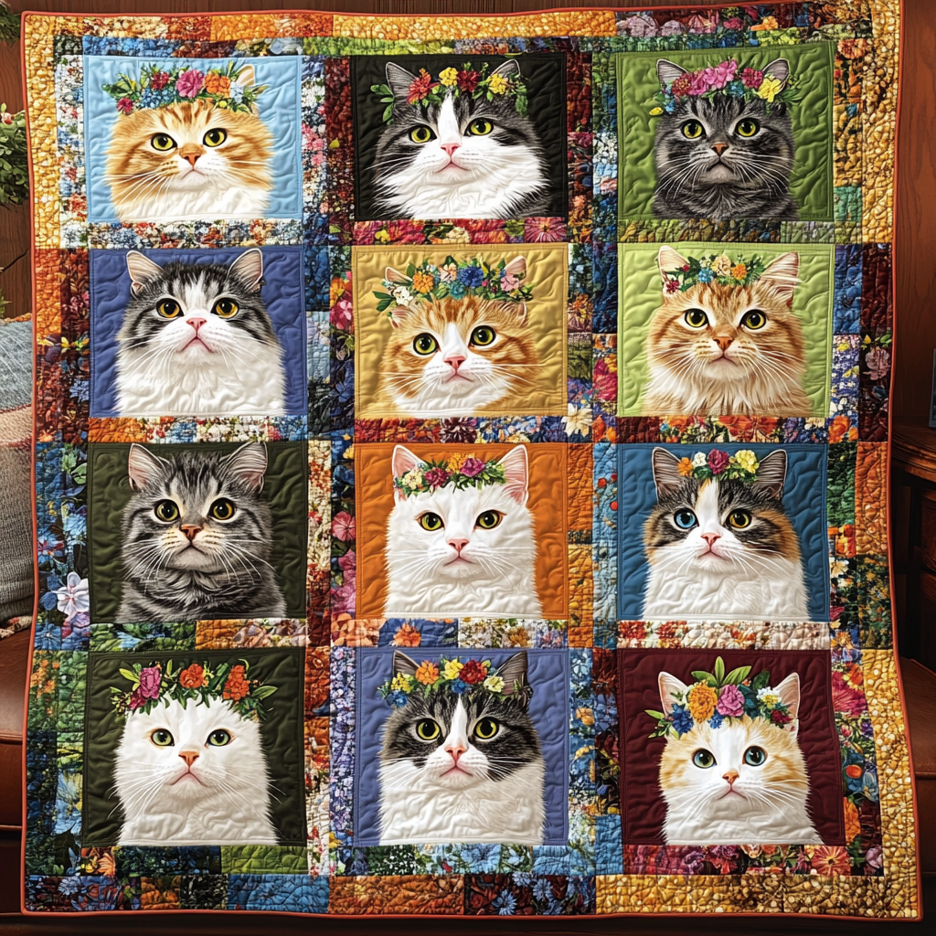 Cats with Blossoms Quilted Blanket - Throw (55" x 60")