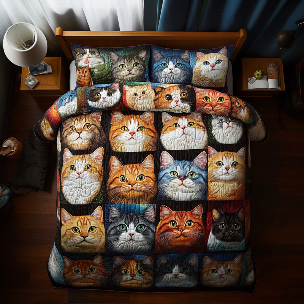 Charming Cats 3-Piece Quilted Bedding Set - Single (59" x 70")