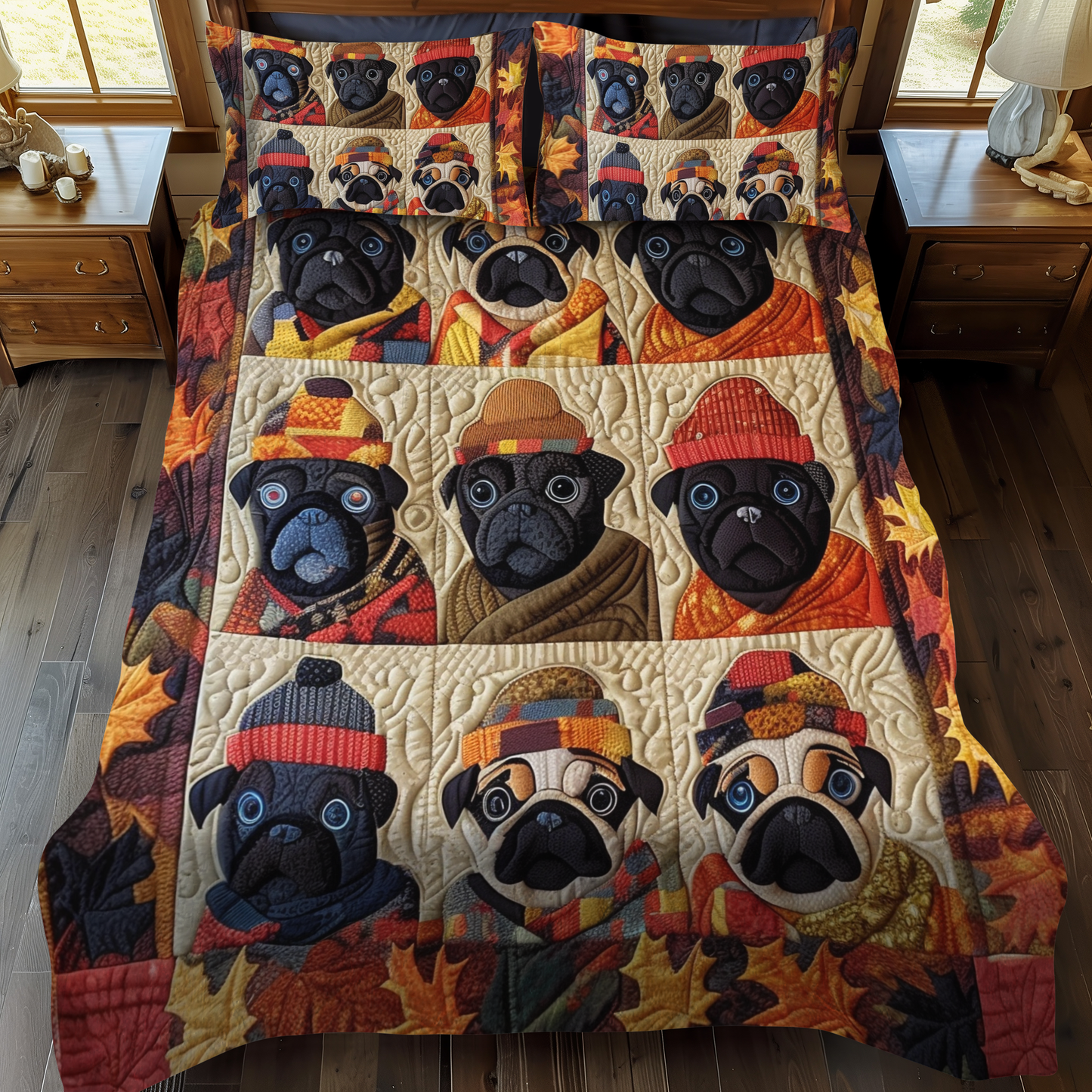 Charming Pugs 3-Piece Quilted Bedding Set - Single (59" x 70")