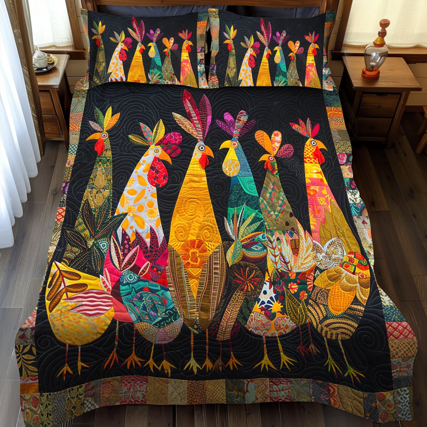 Charming Rooster 3-Piece Quilted Bedding Set - Single (59" x 70")