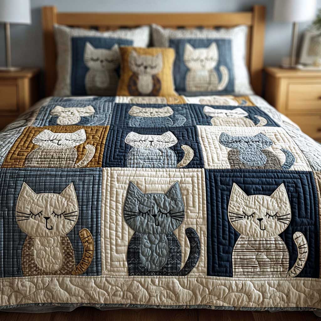 Charming Feline Patch 3-Piece Quilted Bedding Set - Single (59" x 70")
