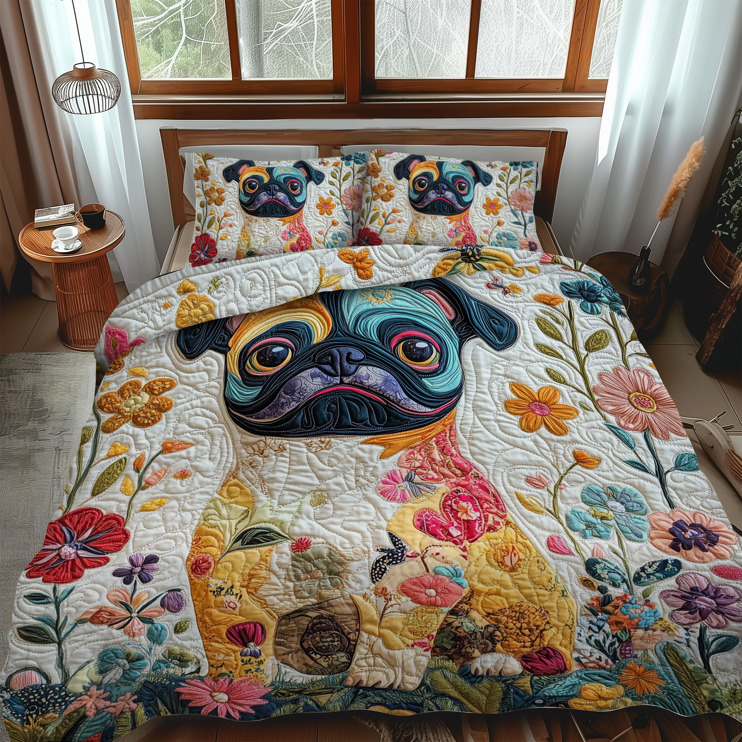 Charming Pug 3-Piece Quilted Bedding Set - Single (59" x 70")