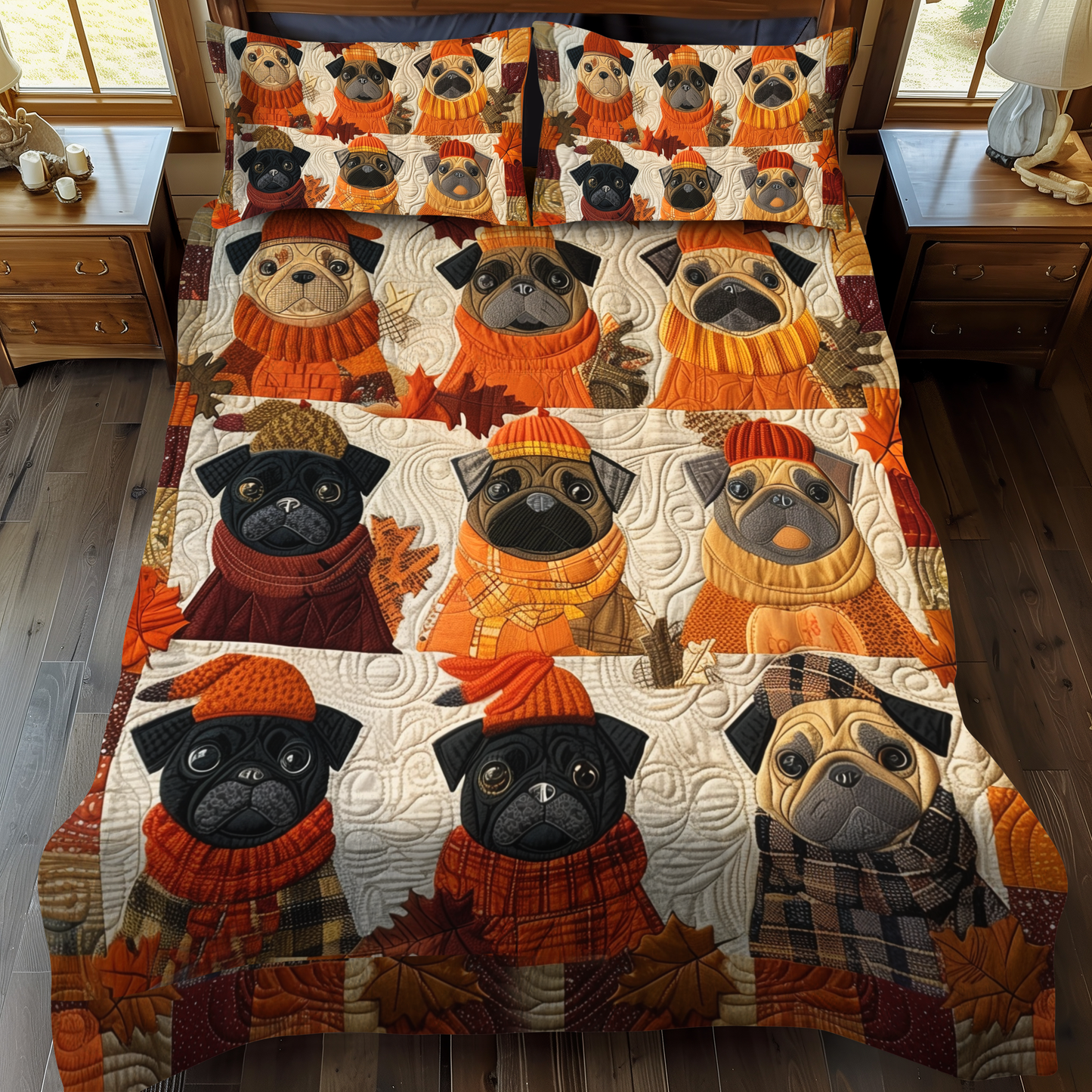Charming Pugs 3-Piece Quilted Bedding Set - Single (59" x 70")