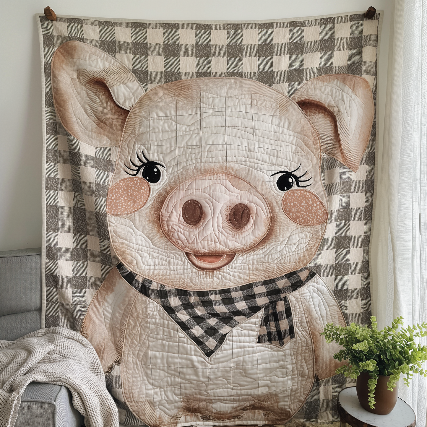 Checkered Scarf Pig Quilted Blanket - Throw (55" x 60")