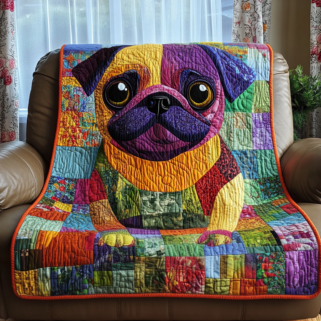 Cheerful Pug Quilted Blanket - Throw (55" x 60")