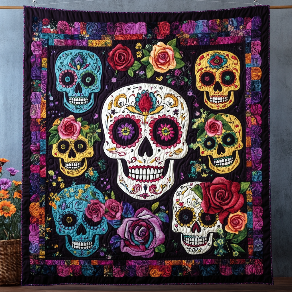 Cheerful Sugar Skull Quilted Blanket - Throw (55" x 60")
