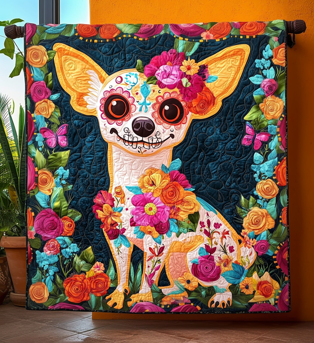 Chihuahua Dia De Los Muertos Quilted Blanket - Throw (55" x 60")