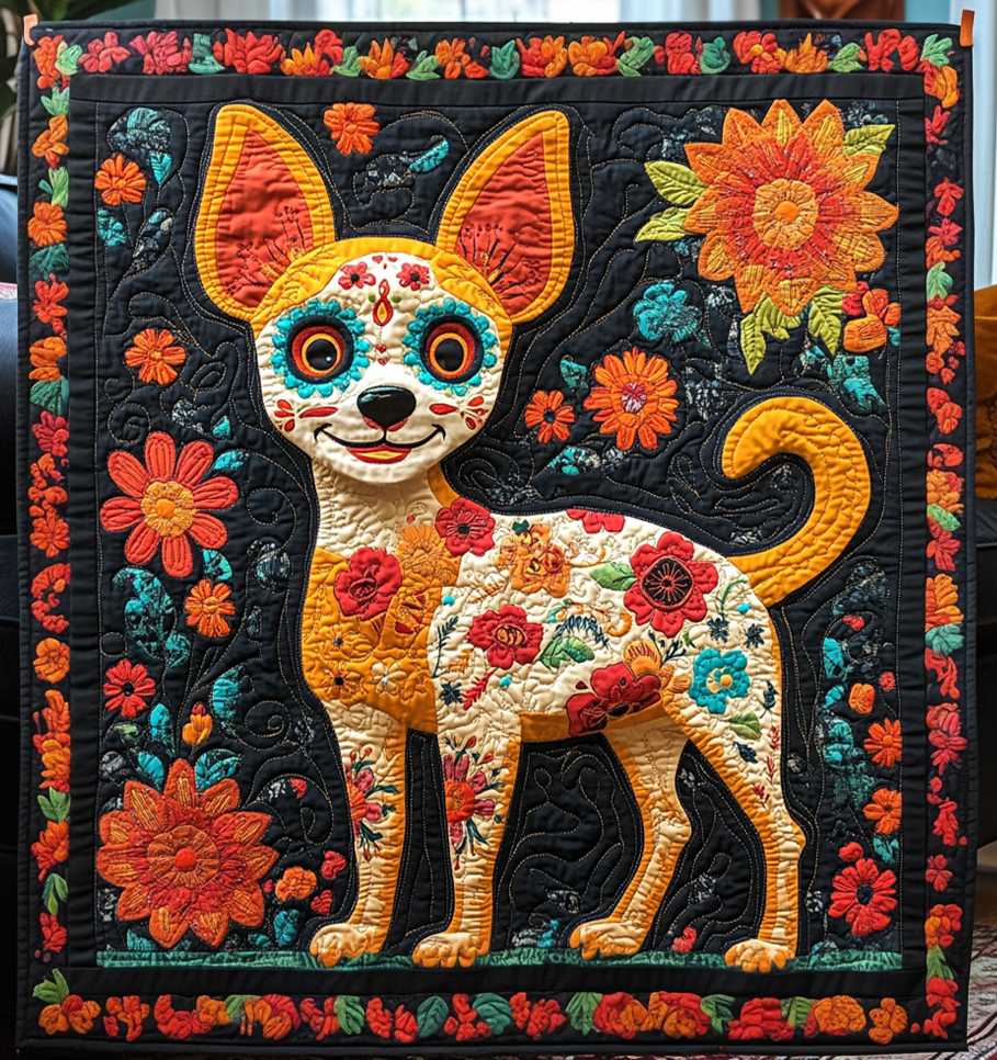 Chihuahua Dia De Los Muertos Quilted Blanket - Throw (55" x 60")