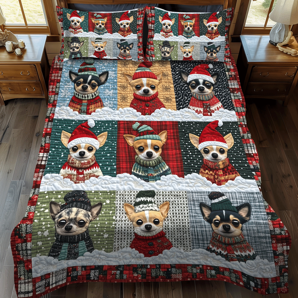 Chihuahua Xmas Crew 3-Piece Quilted Bedding Set - Single (59" x 70")