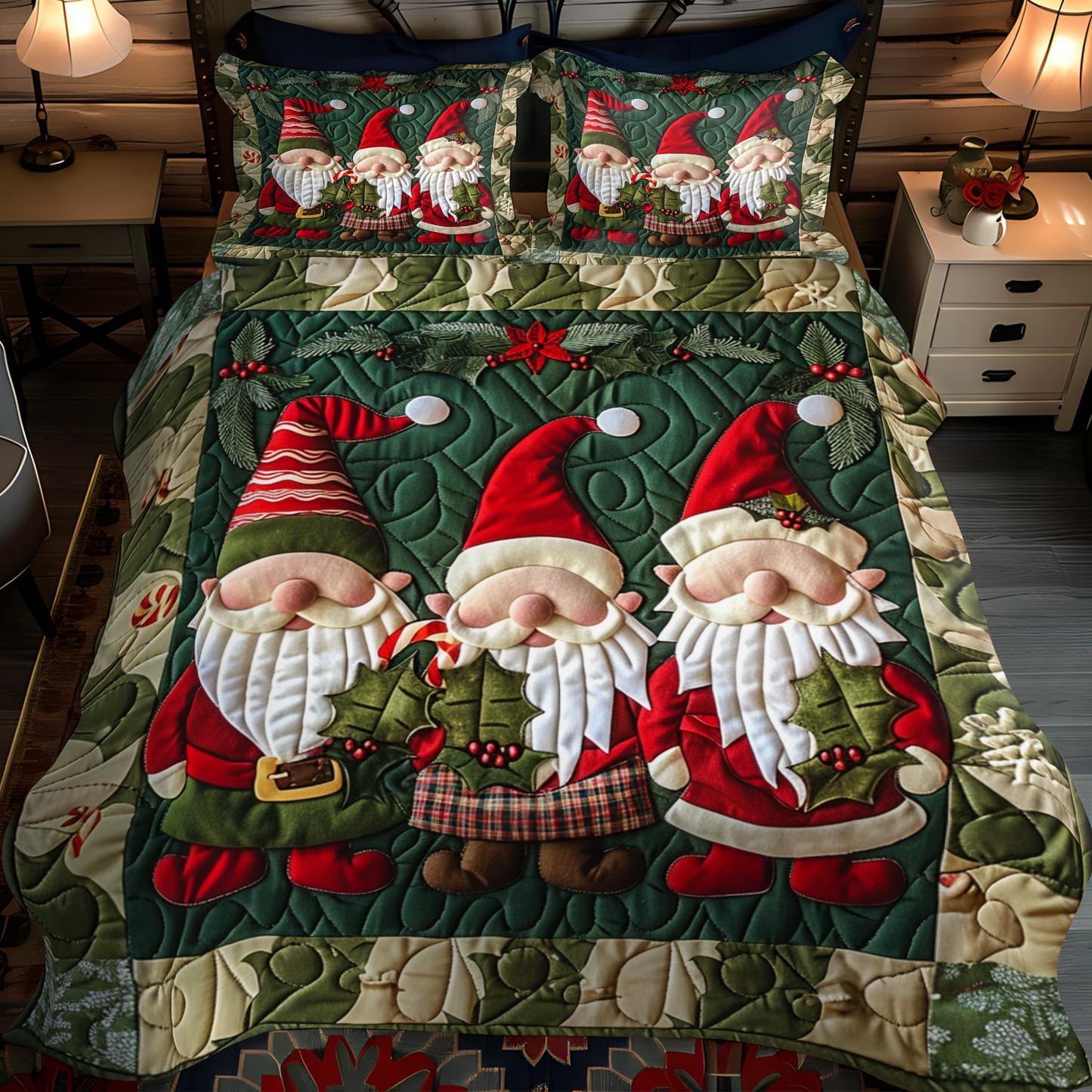 Christmas Gnomes 3-Piece Quilted Bedding Set - Single (59" x 70")