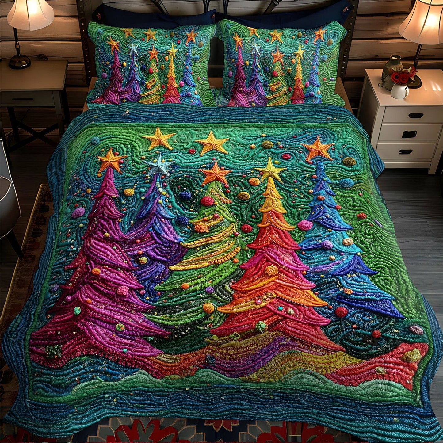 Single (59'' x 70'') /Christmas Star Pines 3-Piece Quilted Bedding Set