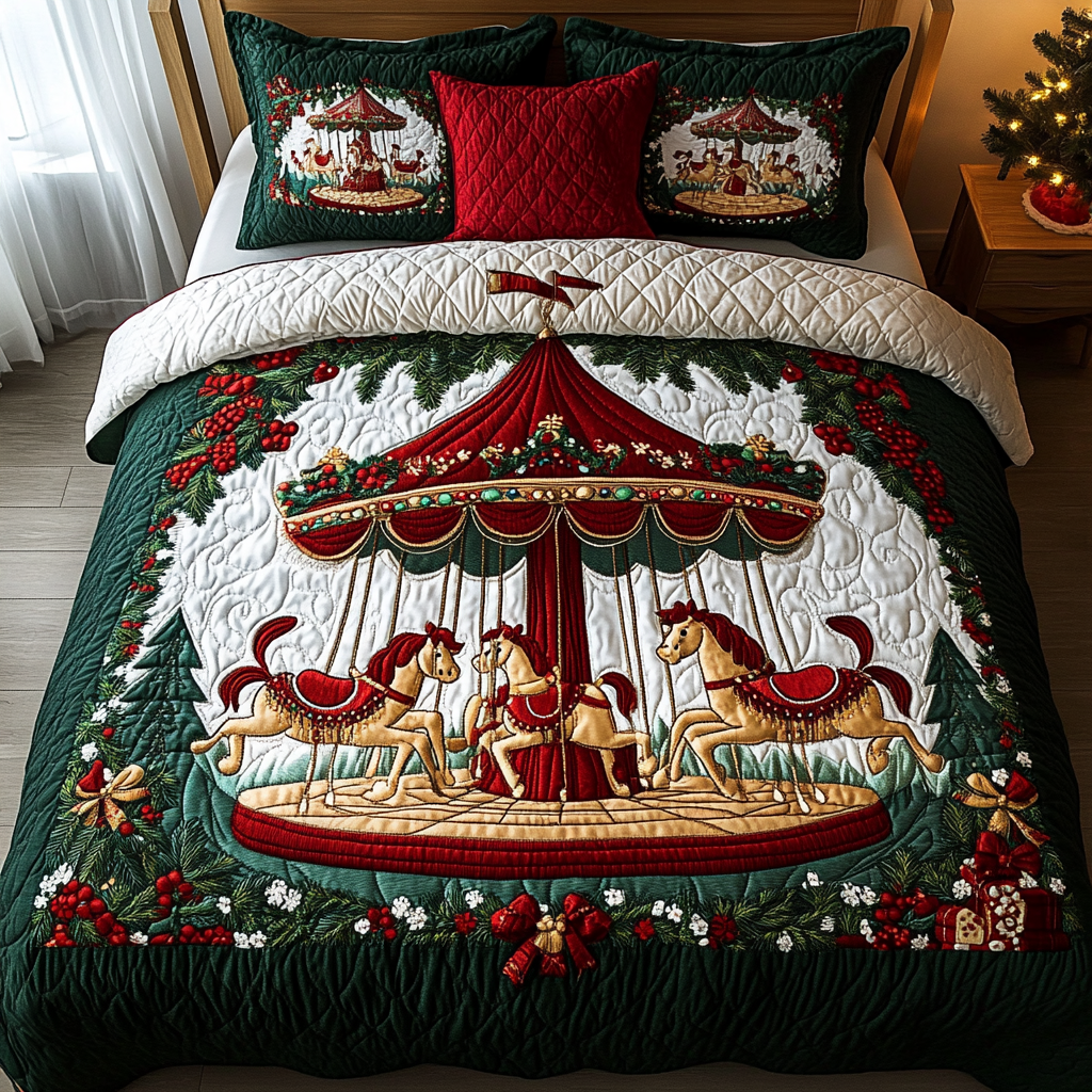 Christmas Carousel Charm 3-Piece Quilted Bedding Set - Single (59" x 70")