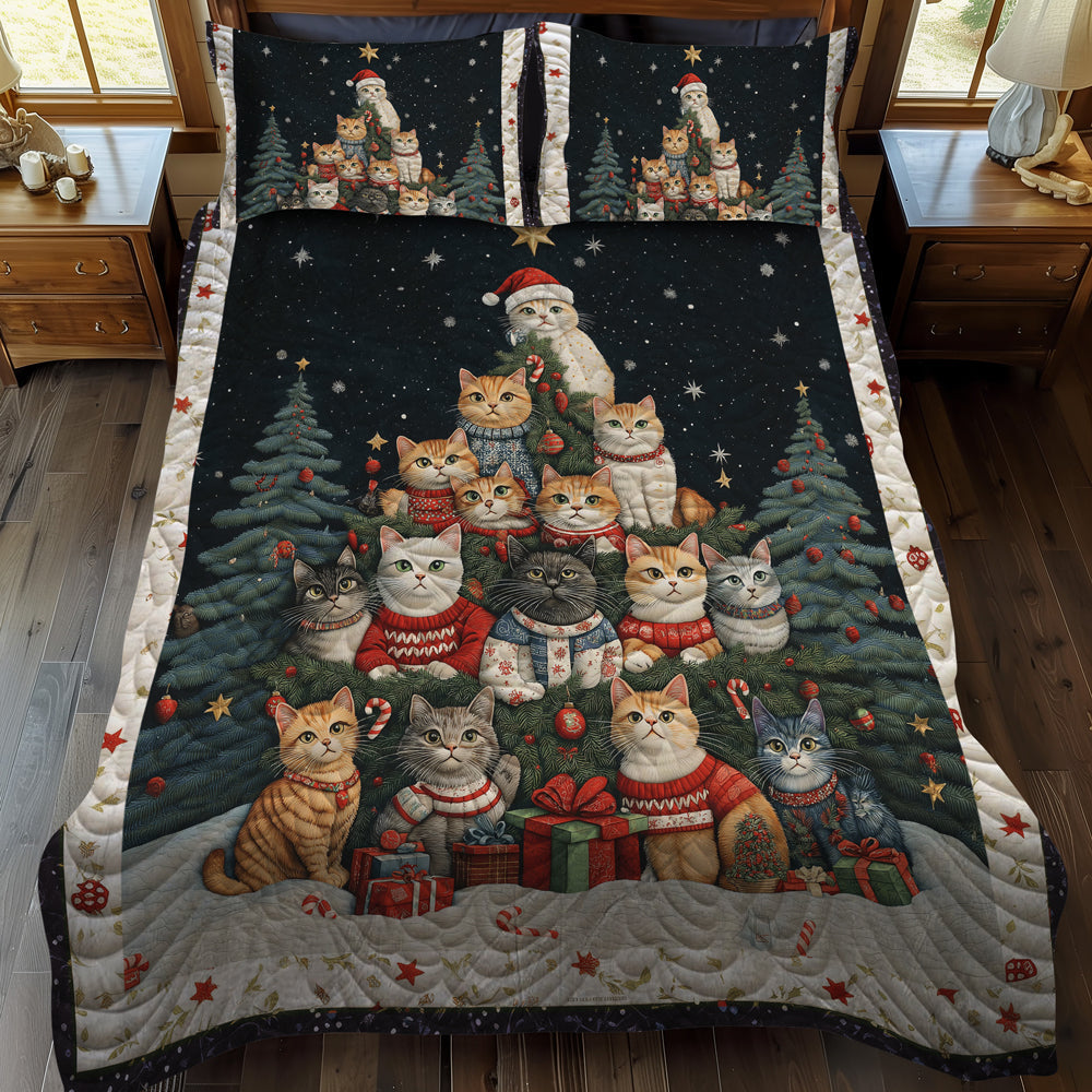 Christmas Cat Tree 3-Piece Quilted Bedding Set - Single (59" x 70")