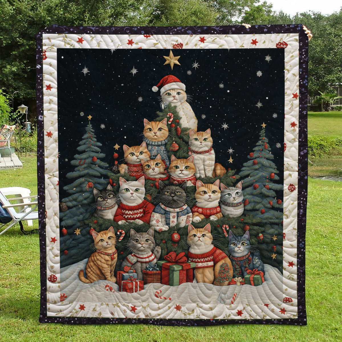 Christmas Cat Tree Quilted Blanket - Throw (55" x 60")