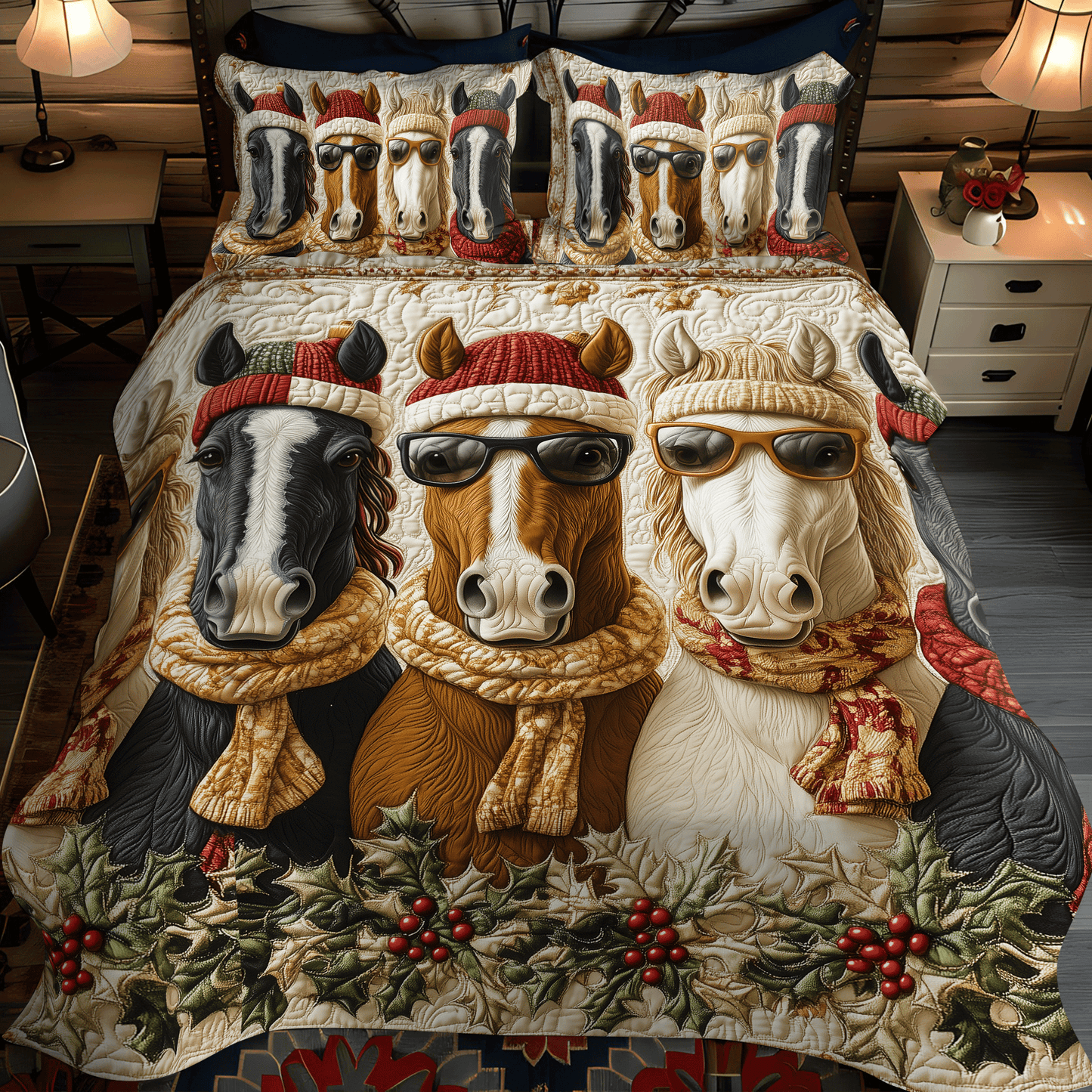 Christmas Horse Quilted Bedding Set - Single (59" x 70")