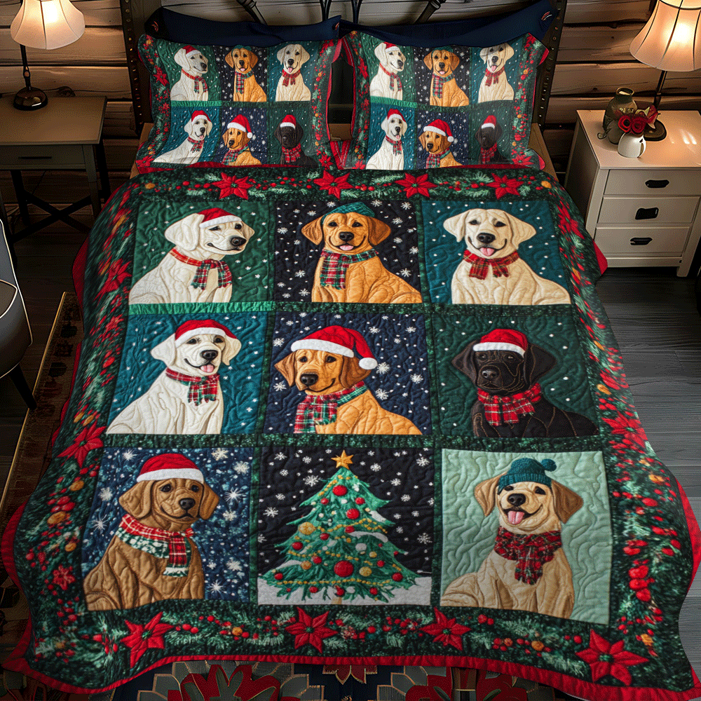 Christmas Themed Labrador 3-Piece Quilted Bedding Set - Single (59" x 70")