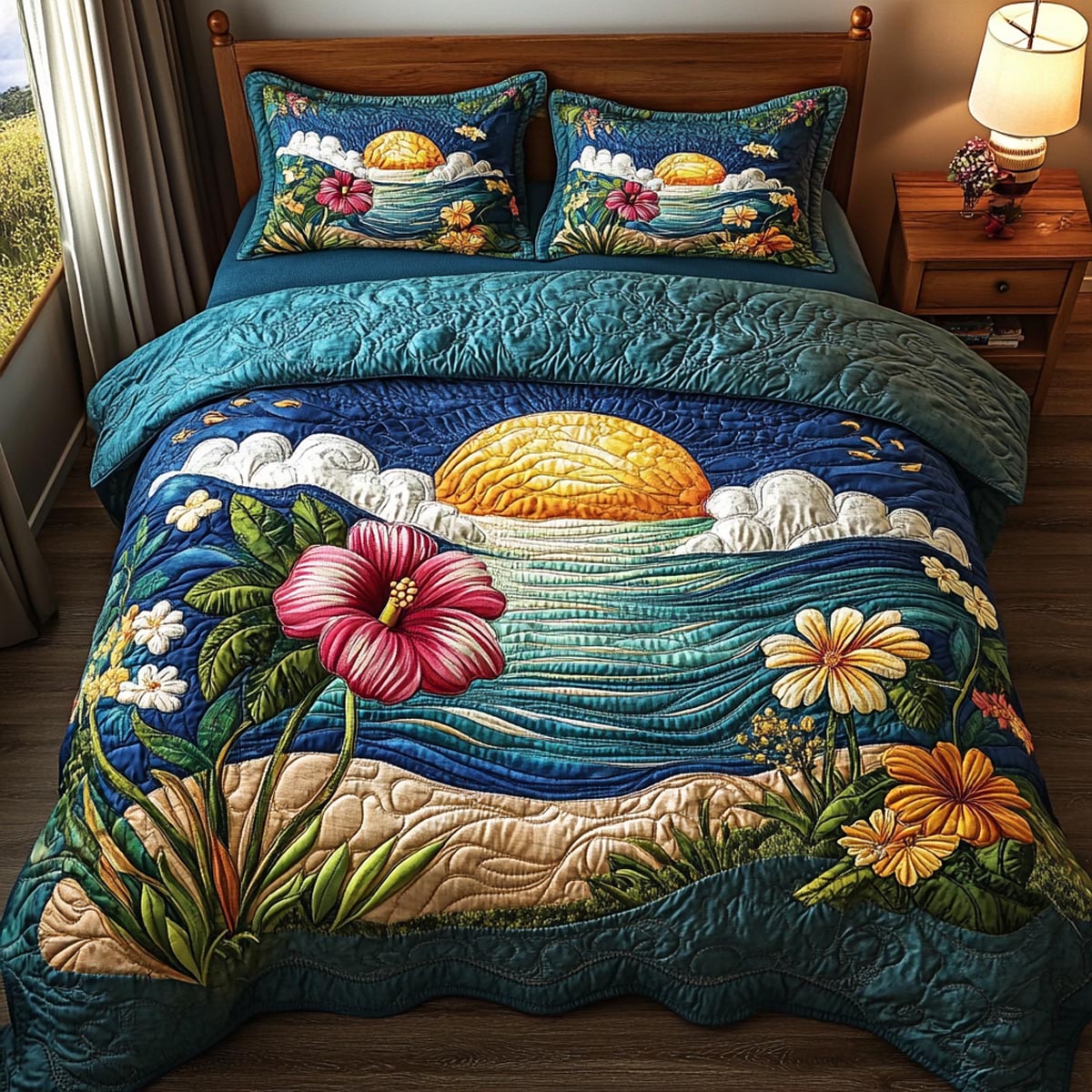 Coastal Hibiscus 3-Piece Quilted Bedding Set - Single (59" x 70")