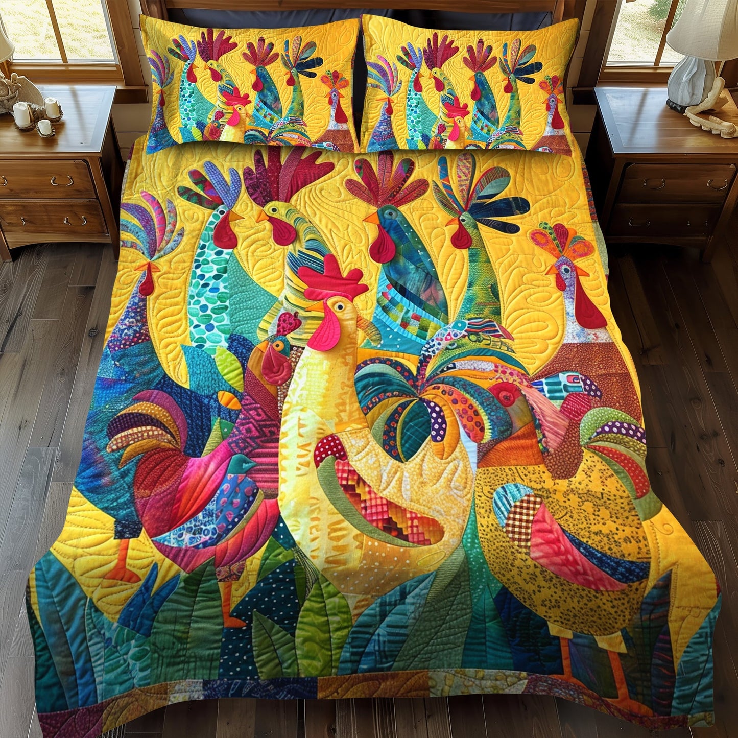 Colorful Cockcrow 3-Piece Quilted Bedding Set - Single (59" x 70")