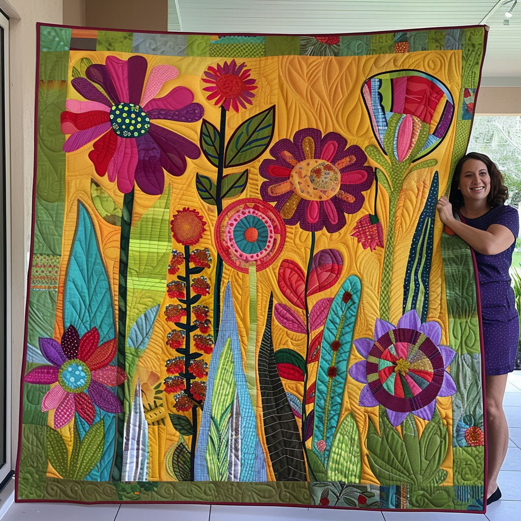 Colorful Flower Fields Quilted Blanket - Throw (55" x 60")
