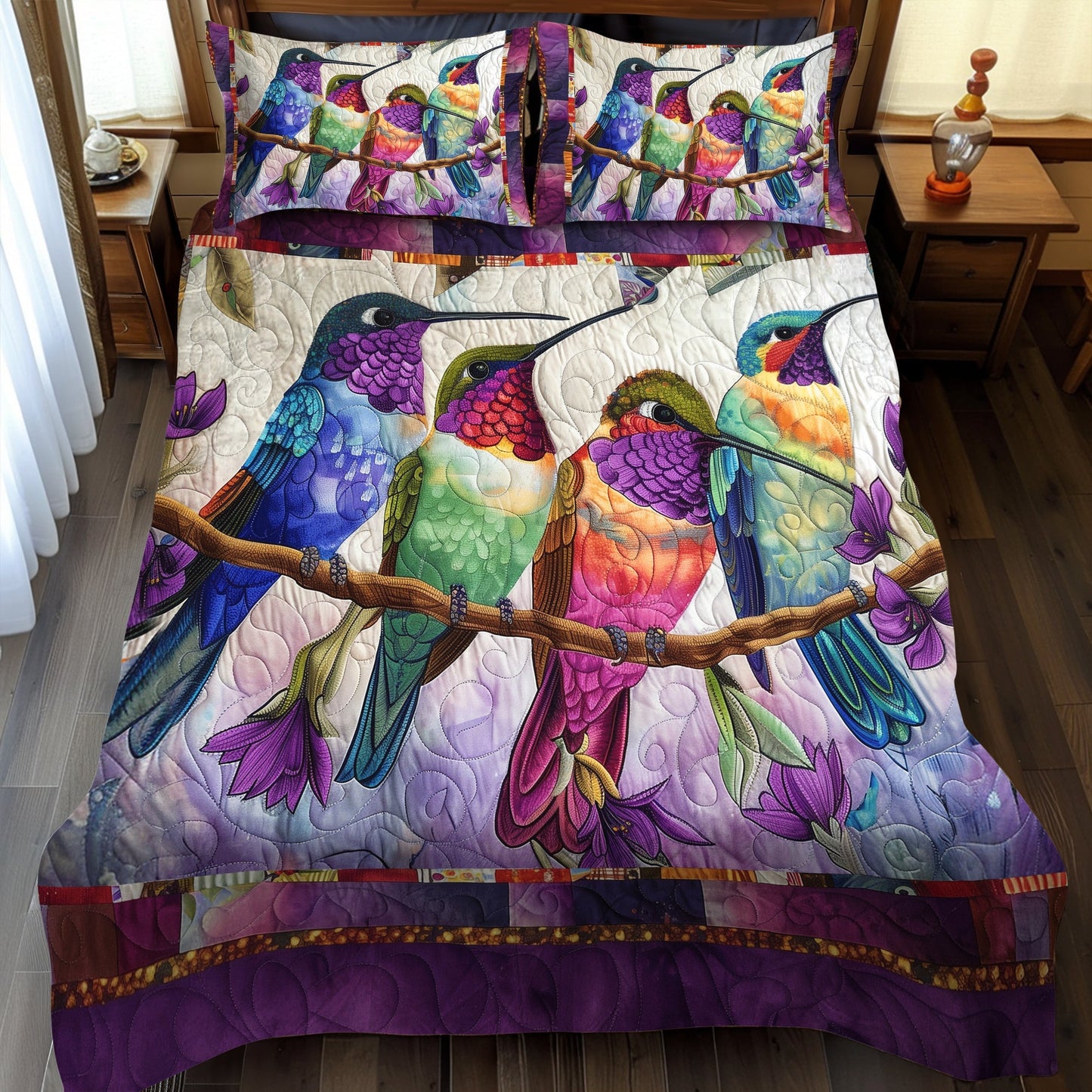 Colorful Hummingbirds 3-Piece Quilted Bedding Set - Single (59" x 70")
