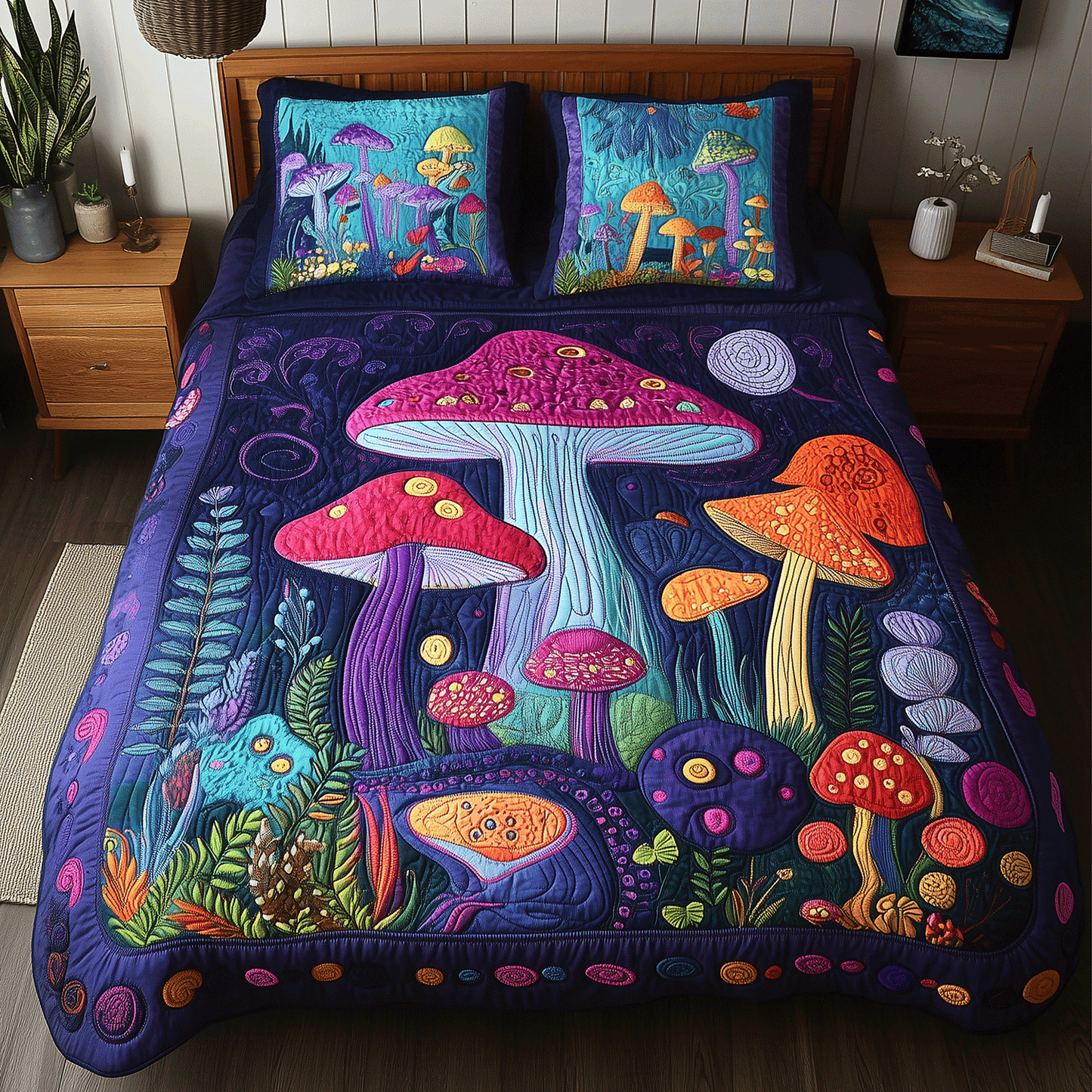 Colorful Mushroom Magic 3-Piece Quilted Bedding Set - Single (59" x 70")