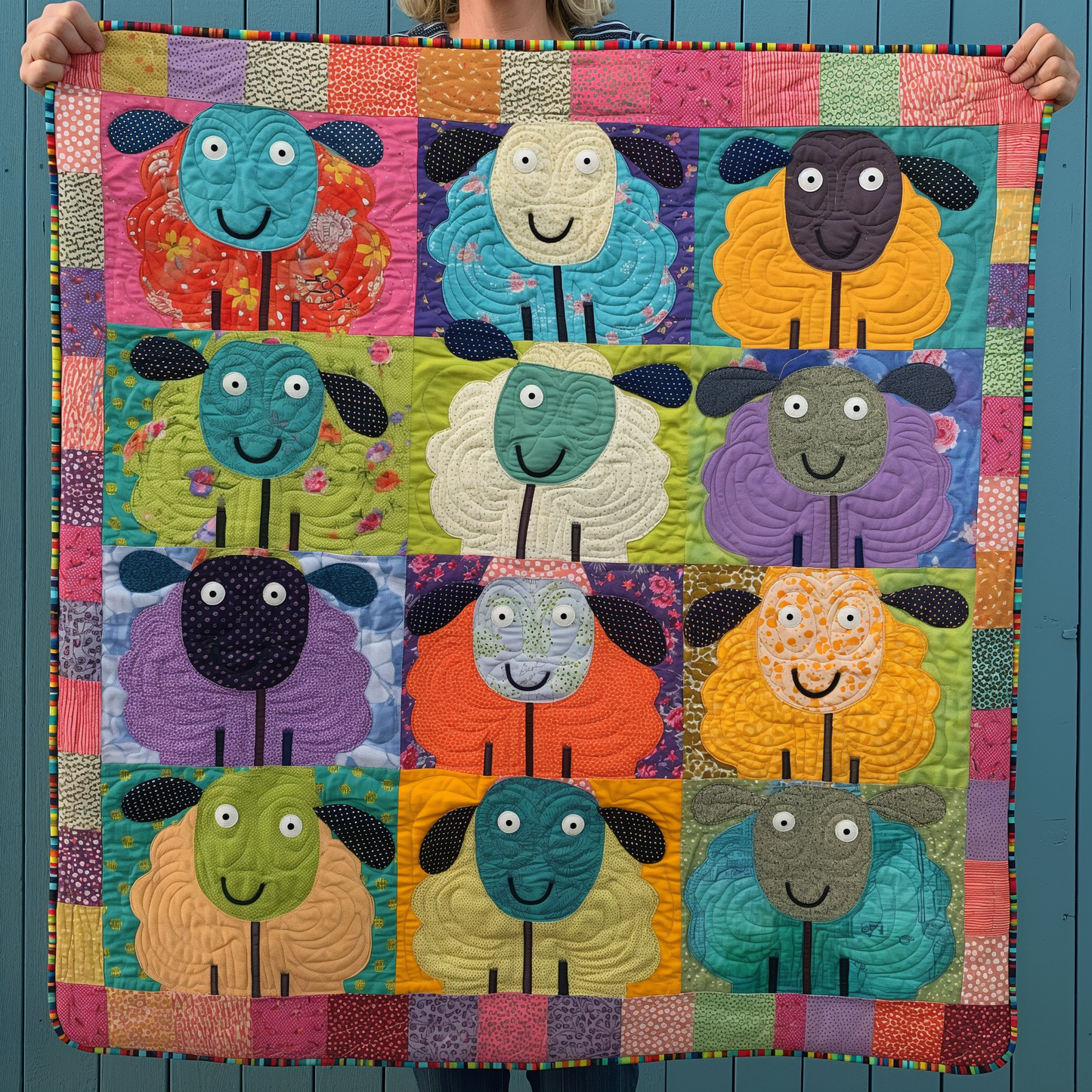 Colorful Pasture Sheep Quilted Blanket - Throw (55" x 60")
