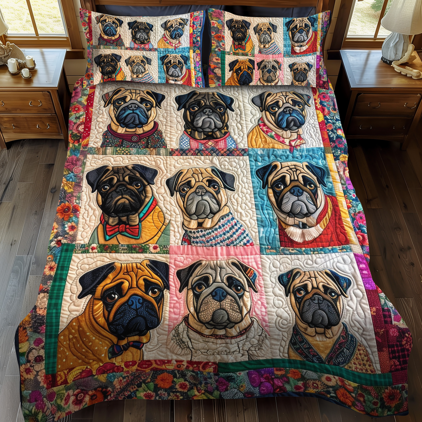 Colorful Pugs 3-Piece Quilted Bedding Set - Single (59" x 70")
